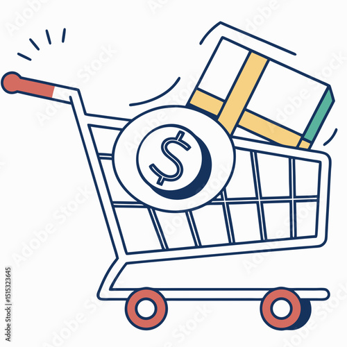 Shopping cart icon with money symbol and package for online purchases