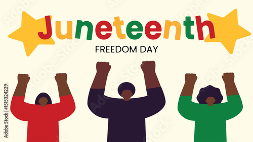 Powerful Juneteenth illustration Raised fists symbolizing unity and Black heritage. Vector graphic in Pan-African colors celebrating Freedom Day.