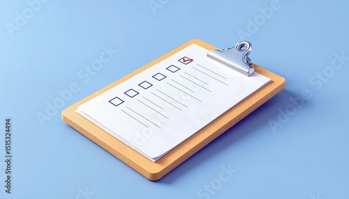 Clipboard with Checklist: A detailed shot of a wooden clipboard holding a checklist with one item checked off, against a serene blue backdrop. It embodies organization and task completion.