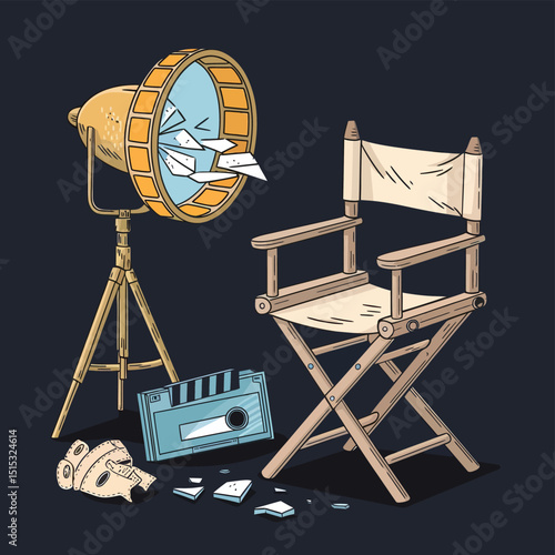 vector icons for cinema, Director's Chair , theatrical roles, video tape, cinema shattered spotlight, Theater Ticket
