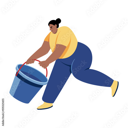 A flat style illustration showing a character carrying bucket