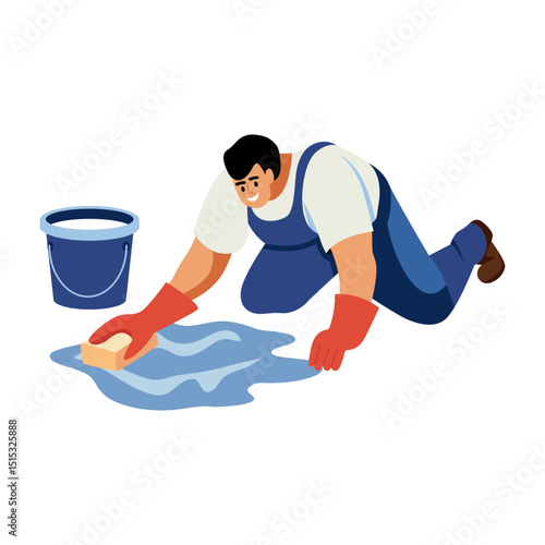 A flat style illustration showing a character doing floor cleaning