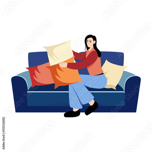 A flat style illustration showing a person fluffing cushions