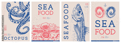 Set of modern magazine covers or posters with tuna, oysters salmon and jack mackerel. Restaurant seafood menu design. Vector illustration