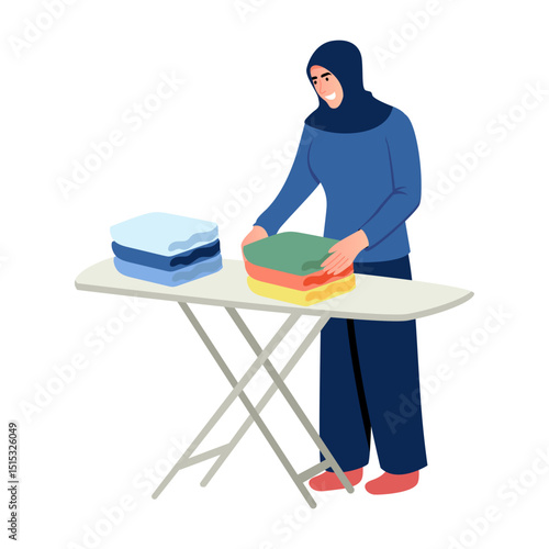 A flat style illustration showing a person folding clothes