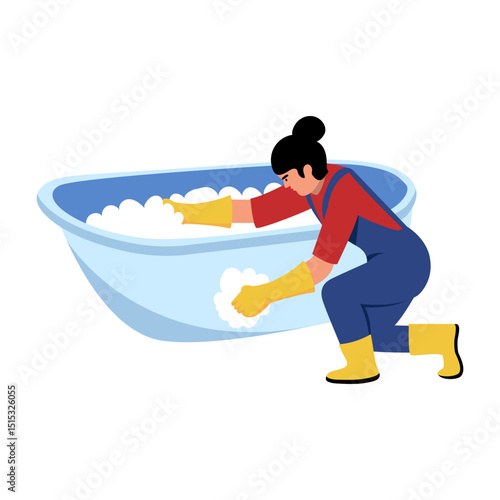A flat style illustration showing a person cleaning tub