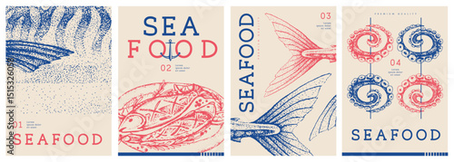 Set of modern magazine covers or posters with fried fish, scomber and octopus. Restaurant seafood menu design. Vector illustration