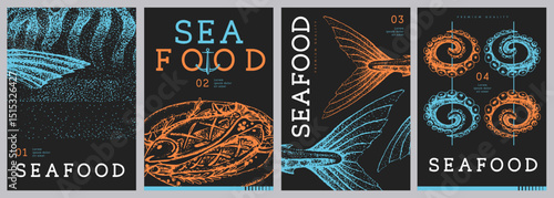 Set of modern magazine covers or posters with fried fish, scomber and octopus. Restaurant seafood menu design. Vector illustration