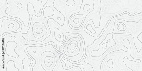 "Abstract Topographic map design with grey lines seamless pattern on white background. Geographic contour map paper texture. Retro topographic map, geographic mountain relief. Vector. Illustration"