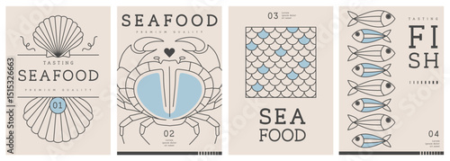 Set of modern magazine covers or posters with line art seafood. Restaurant seafood menu design. Vector illustration