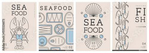 Set of modern magazine covers or posters with line art seafood. Restaurant seafood menu design. Vector illustration