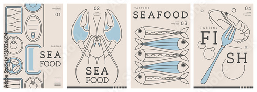 Set of modern magazine covers or posters with line art seafood. Restaurant seafood menu design. Vector illustration