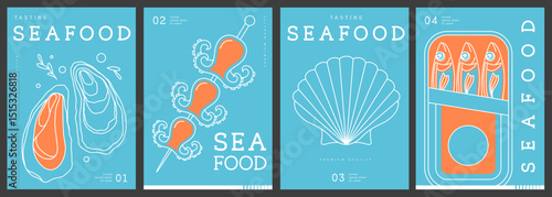 Set of modern magazine covers or posters with line art seafood. Restaurant seafood menu design. Vector illustration