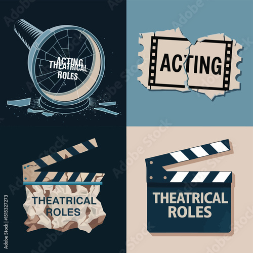 vector icons for cinema, Director's Chair , theatrical roles, video tape, cinema shattered spotlight, Theater Ticket
