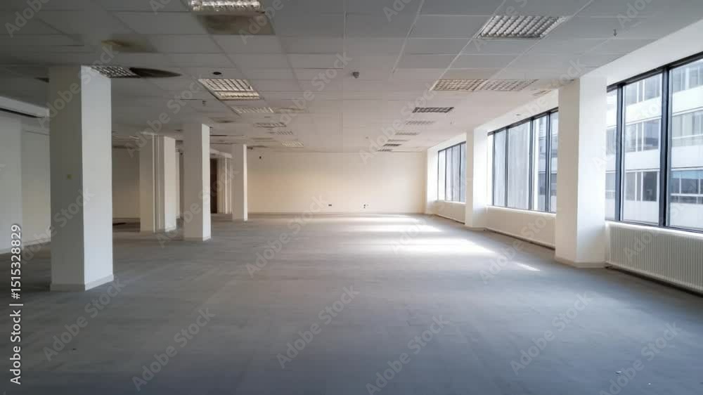 An empty office space with natural light coming through the windows is awaiting new business An empty office space with natural light coming through the windows is awaiting new business