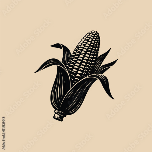 Engraving style illustration of a ripe ear of corn with leaves on a beige background