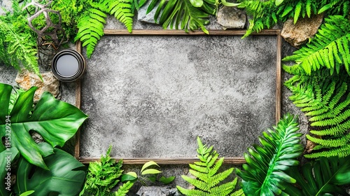 Wallpaper Mural Decorative frame surrounded by lush green plants on a natural stone background Torontodigital.ca