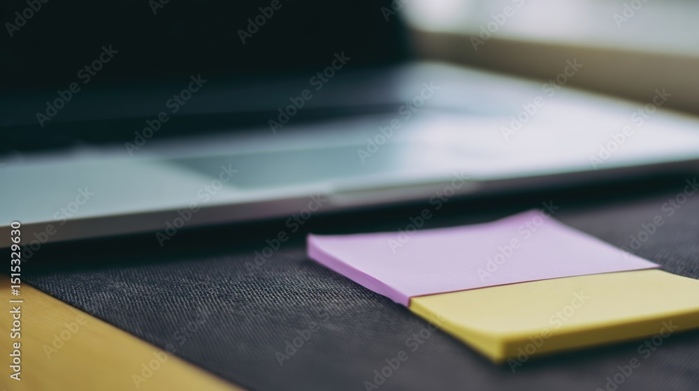 Fototapeta premium Colorful sticky notes in pink and yellow rest near a laptop touchpad on a wooden desk. The workspace reflects a productive environment, inviting creativity and organization