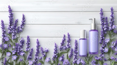 Wallpaper Mural Lavender flowers surround elegant purple skincare bottles on a wooden background Torontodigital.ca