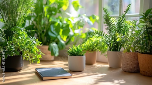 Wallpaper Mural Vibrant indoor plant arrangement on a sunny windowsill with a notebook Torontodigital.ca