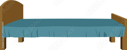Vector Illustration of a Wooden Single Bed with Blue Blanket – Minimalist Classic Bedframe Design for Bedroom Interior, Isolated on White Background