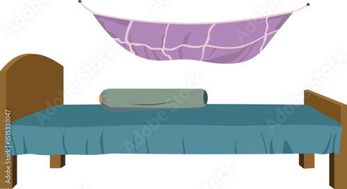 Vector Illustration of Traditional Wooden Bed with Blue Sheet, Green Bolster Pillow, and Purple Mosquito Net – Cozy Sleeping Setup Isolated on White Background

