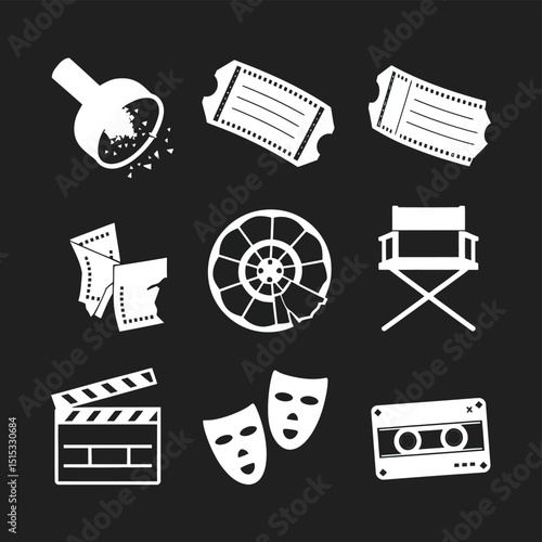 vector icons for cinema, Director's Chair , theatrical roles, video tape, cinema shattered spotlight, Theater Ticket
