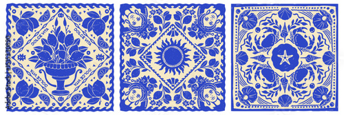 Italy summer bandana print set, Amalfi vector lemon hand drawn square tile, blue mediterranean stamp. Sicilian traditional fashion design, seashell blanket background. Italy textile decoration print