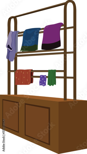 Vector Illustration of Wooden Cloth Drying Rack with Colorful Laundry – Indoor Garment Hanger Furniture Isolated on White Background