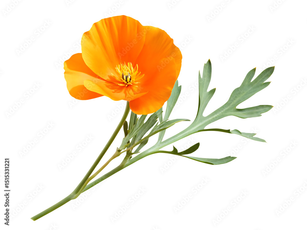 Obraz premium Single orange flower with green leaves isolated on white background PNG