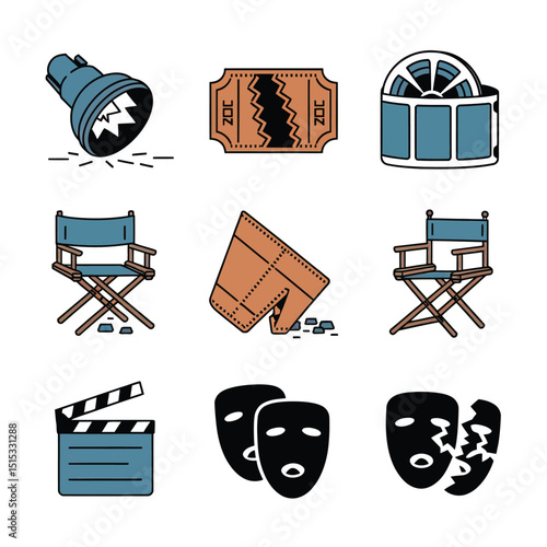 vector icons for cinema, Director's Chair , theatrical roles, video tape, cinema shattered spotlight, Theater Ticket
