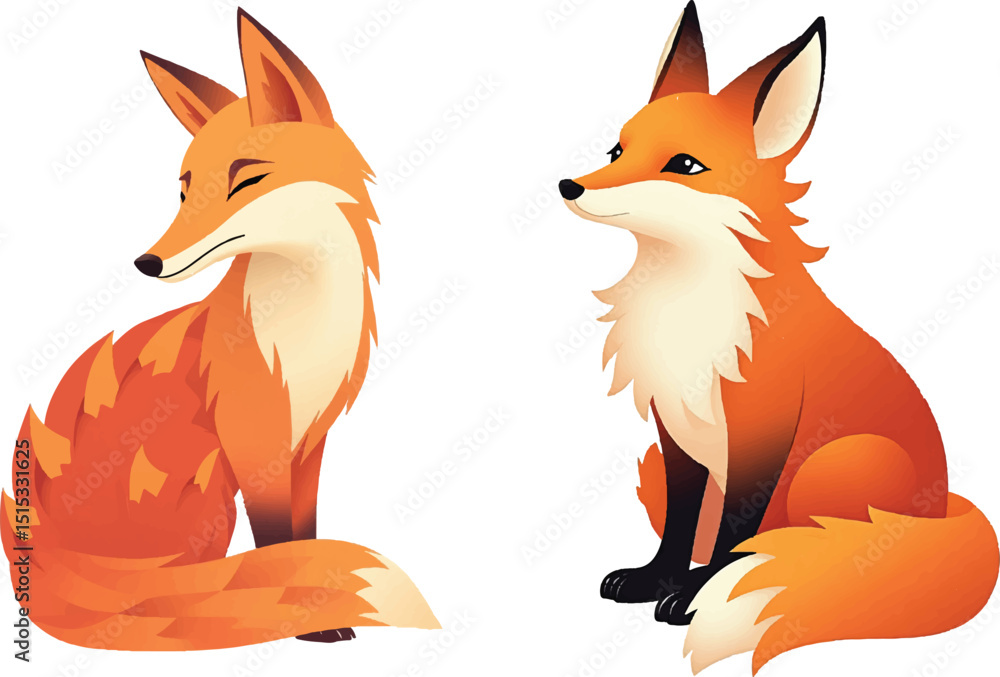 Obraz premium Cute Fox Vector Illustration – Sitting Red Fox Cartoon in Modern Flat Style, Red Fox Character Set – Adorable Forest Animal Cartoon Vector Design.