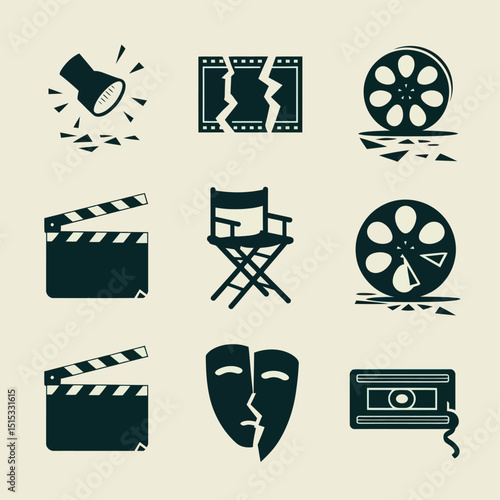 vector icons for cinema, Director's Chair , theatrical roles, video tape, cinema shattered spotlight, Theater Ticket
