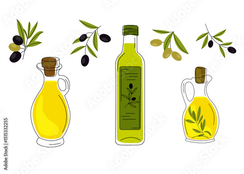 Set of  carafe of olive oil and rosemary. Bottles on white isolated background. Vector illustration