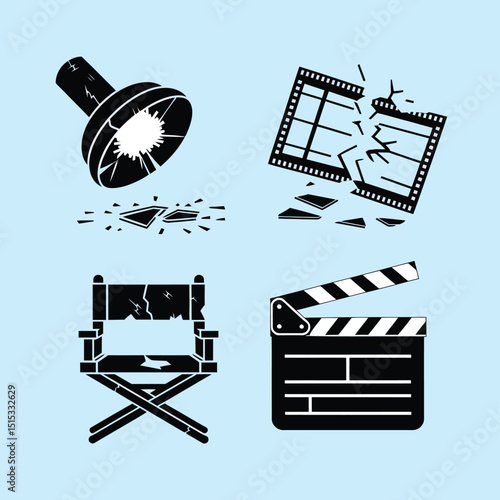 vector icons for cinema, Director's Chair , theatrical roles, video tape, cinema shattered spotlight, Theater Ticket
