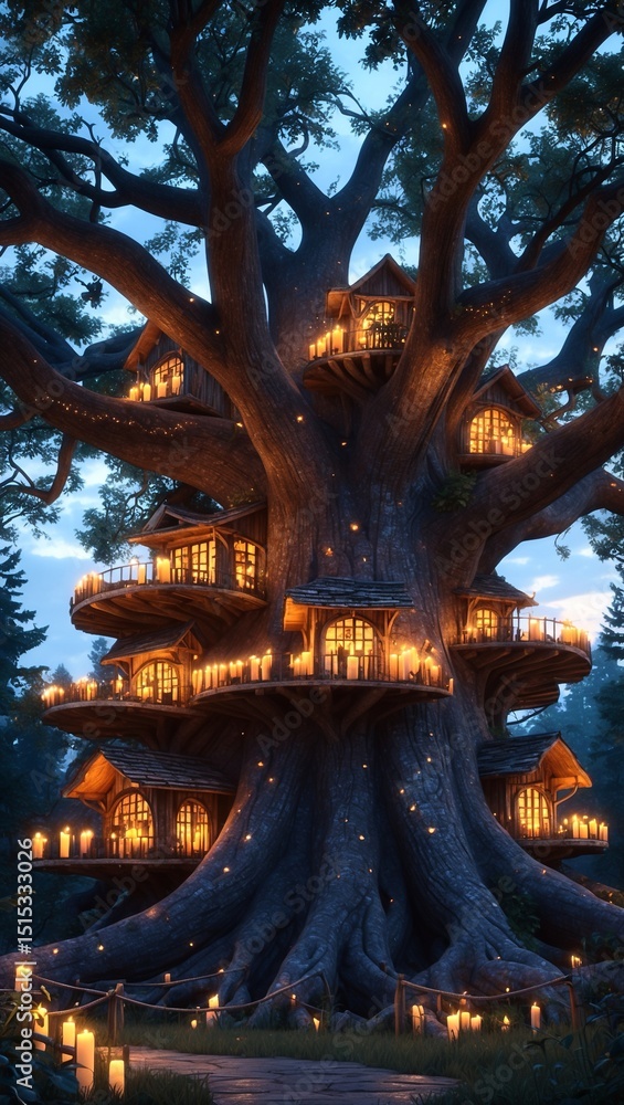 Obraz premium A massive old tree with several tree houses