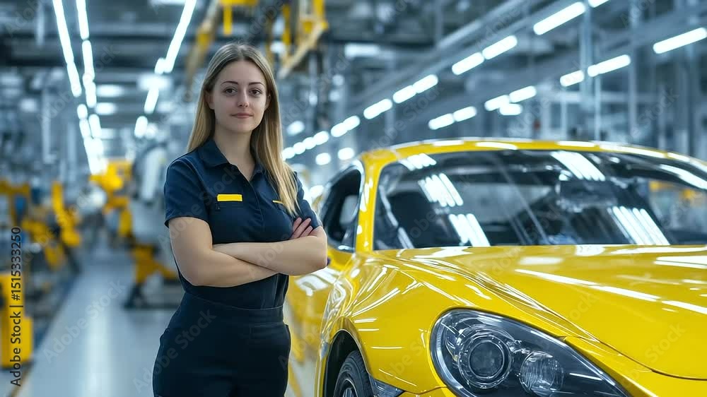 Engineer woman poses beside fully assembled yellow car at end of line, bright factory lights reflect off polished metal surface Engineer woman poses beside fully assembled yellow car at end of line, bright factory lights reflect off polished metal surface