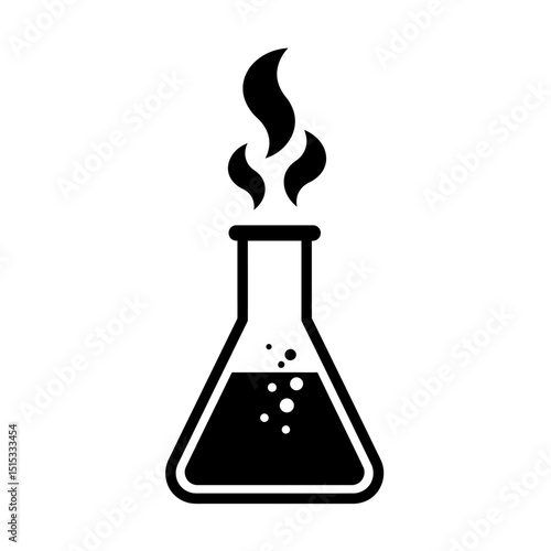Laboratory flask with boiling liquid and steam isolated on white background for science concept