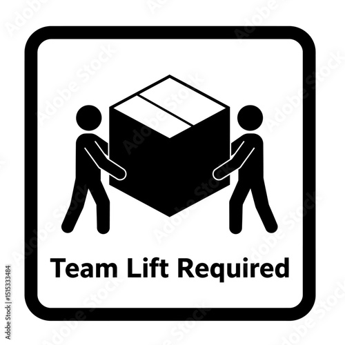 Teamwork lifting a heavy box with caution emphasizing safety instructions with bold text in black