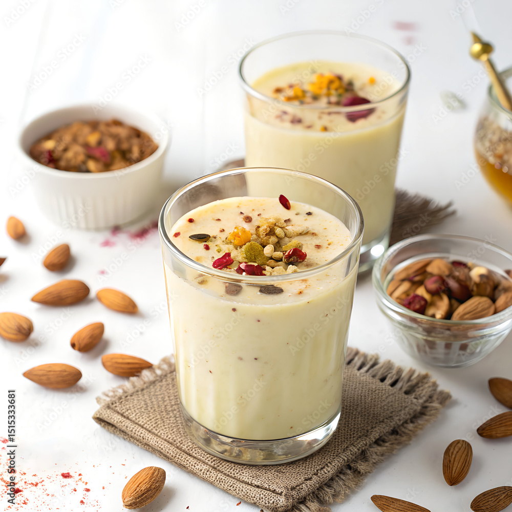 Indian Thandai with Nuts Served in a Glass on White Background Indian Thandai with Nuts Served in a Glass on White Background