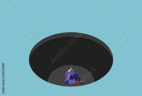 Vector illustration of a depressed businessman sitting at the bottom of a huge dark hole, representing the psychological effects of mental fatigue, workplace burnout, isolation, and career struggles