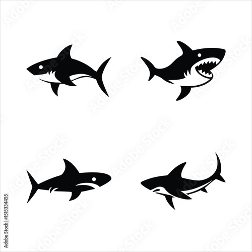 Shark Silhouettes: Four Black Aquatic Predator Designs on White Background