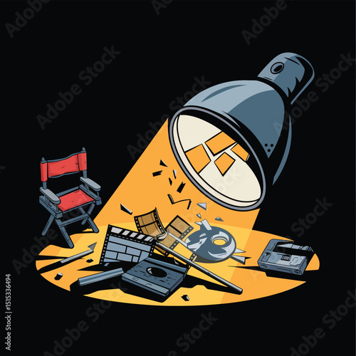 vector icons for cinema, Director's Chair , theatrical roles, video tape, cinema shattered spotlight, Theater Ticket
