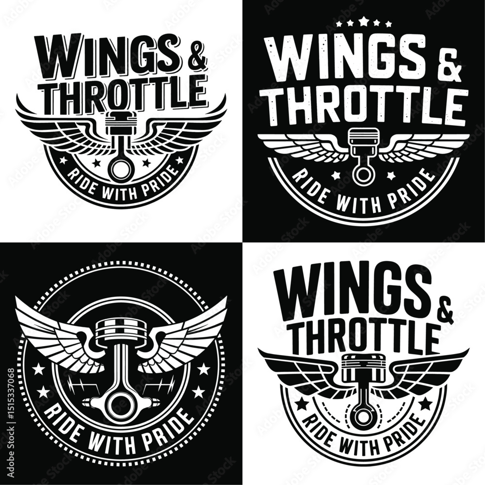Obraz premium Dynamic 'Wings & Throttle' Motorcycle Graphic Design: Embrace the Spirit of Freedom and Adventure with Striking Typography and Iconic Engine Imagery, Perfect for Bikers Who 'Ride with Pride'