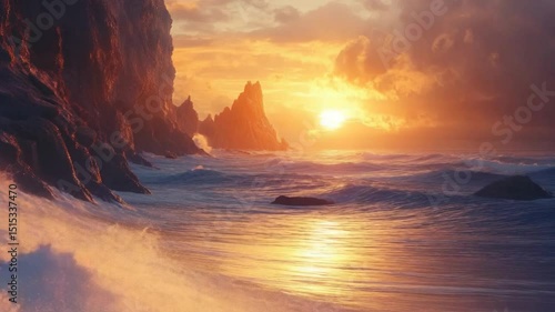 Dramatic ocean waves crash against rugged cliffs at stunning sunset cinematic scenery
