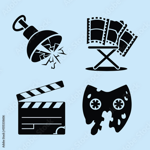 vector icons for cinema, Director's Chair , theatrical roles, video tape, cinema shattered spotlight, Theater Ticket
