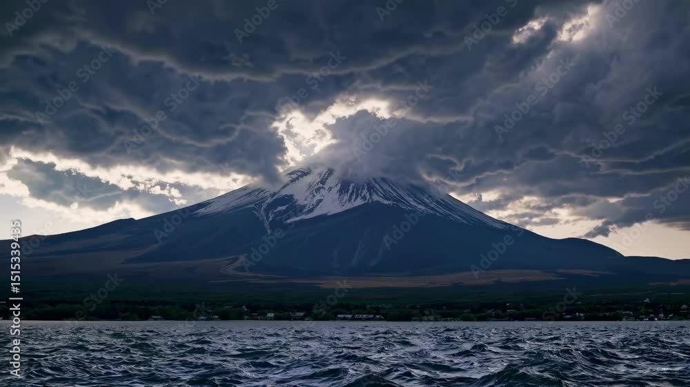 Heavy dark clouds cover tall mountain above calm lake, tension and dramatic shift in mood, intensity, nature’s unpredictability, emotional turmoil and awe Heavy dark clouds cover tall mountain above calm lake, tension and dramatic shift in mood, intensity, nature’s unpredictability, emotional turmoil and awe