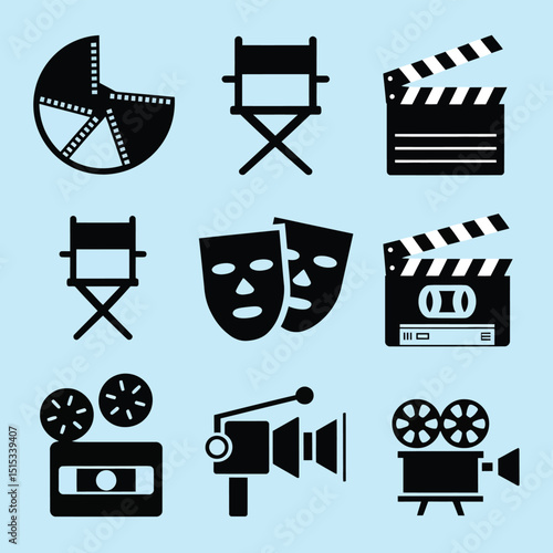 vector icons for cinema, Director's Chair , theatrical roles, video tape, cinema shattered spotlight, Theater Ticket
