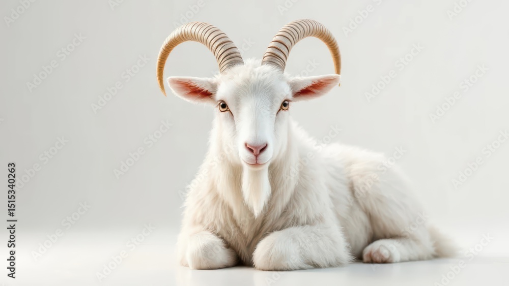 Fototapeta premium Majestic White Goat Resting Against A White Background