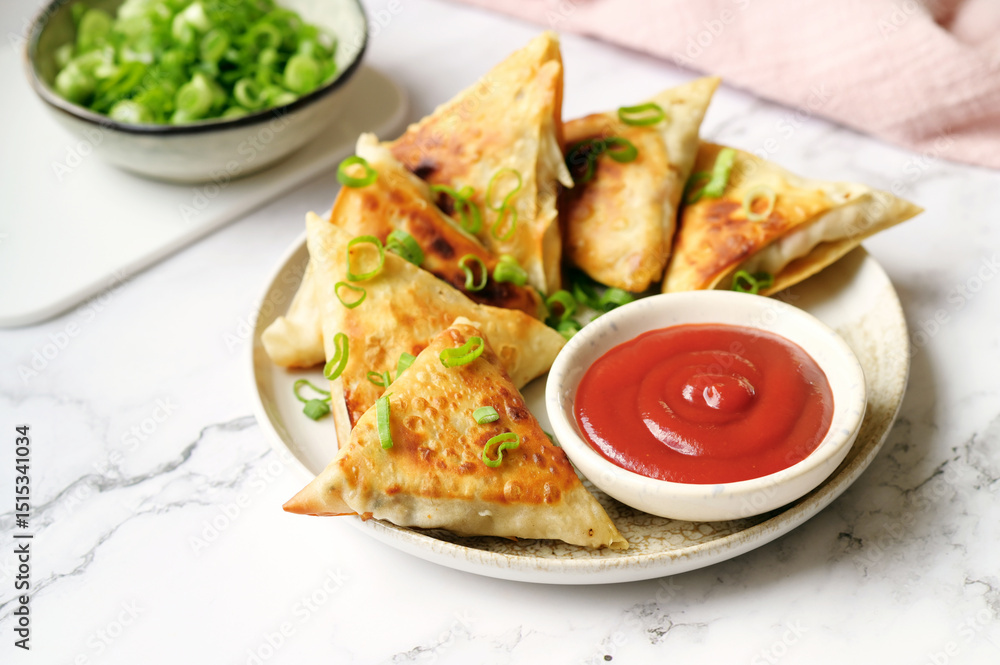 Indian samosas filled with spiced vegetables, served with a bowl of dipping sauce. Indian samosas filled with spiced vegetables, served with a bowl of dipping sauce.